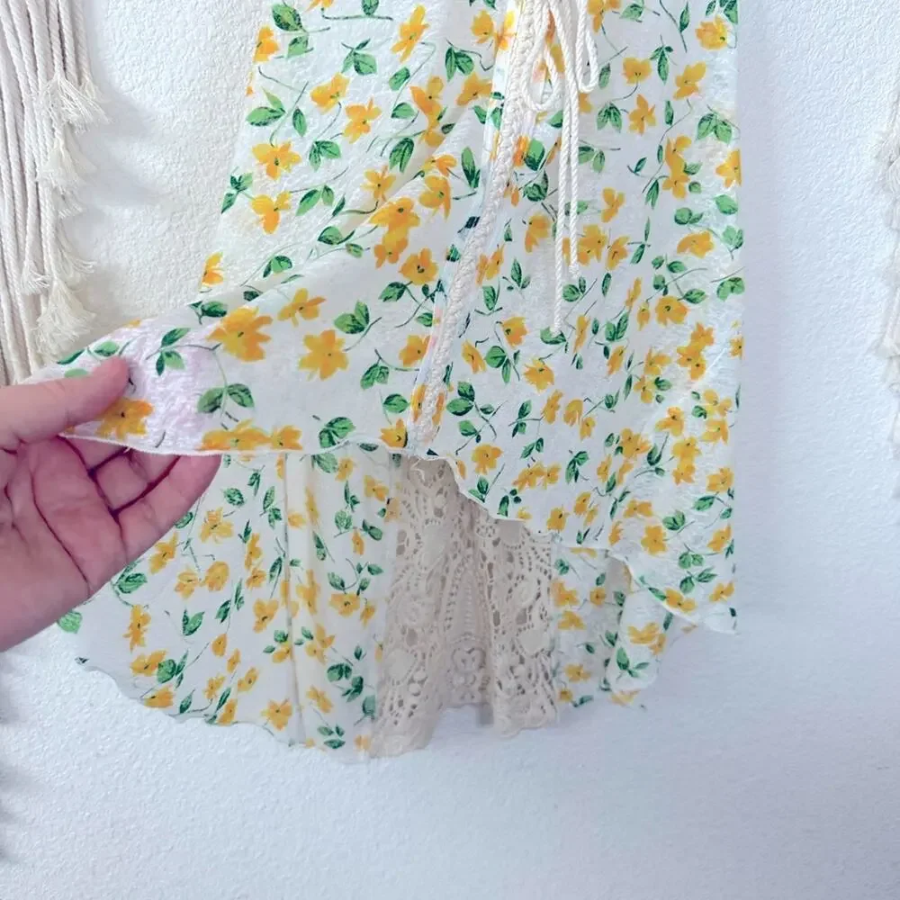 Free people ditsy floral yellow crochet detail high low tank top XS - Picture 2 of 5